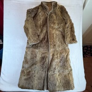 Vintage 70s 80s Reversible Genuine Rabbit Fur Coat Long Khaki Trench Women L XL